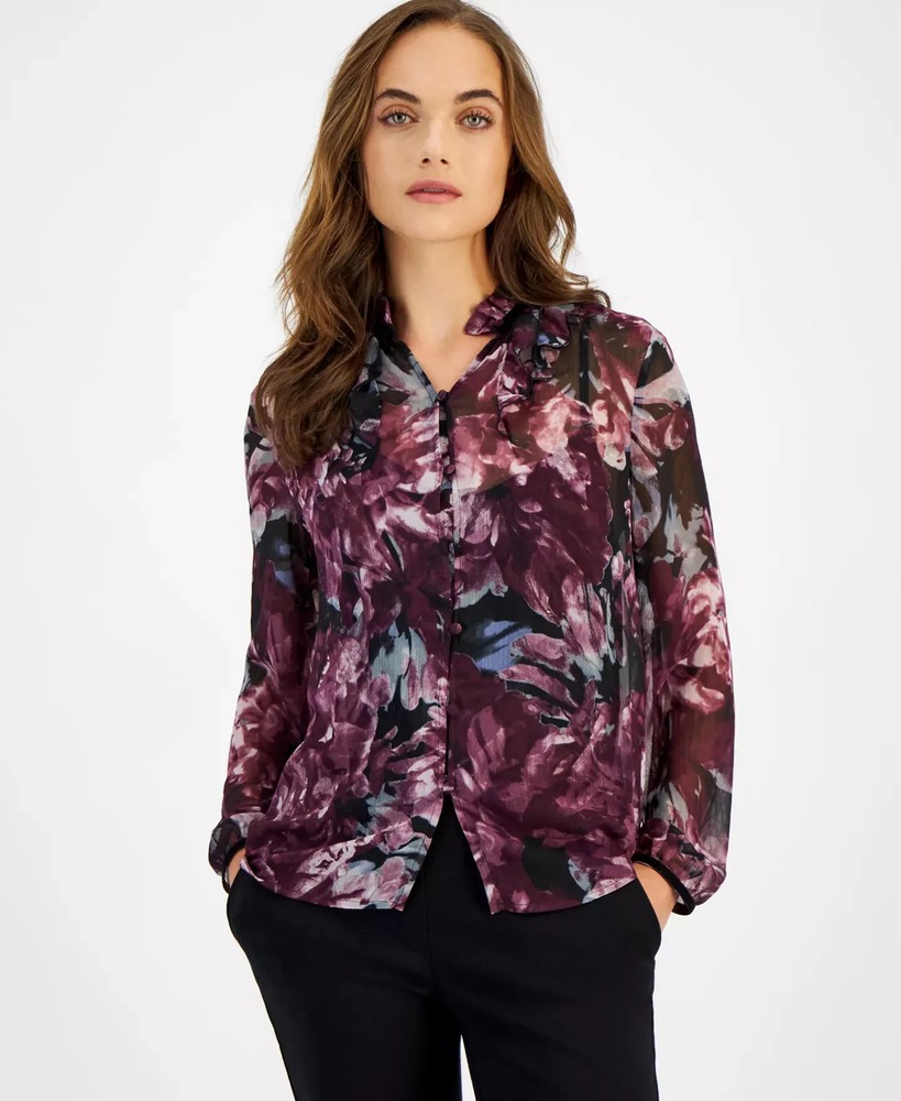 Anne Klein Women's Top Sz S Printed Long Sleeve Button-Front