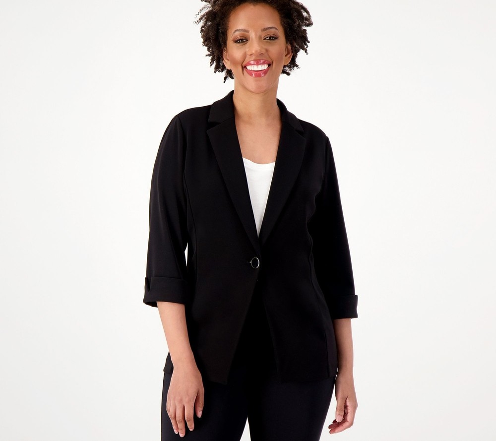 Susan Graver Women's Jacket Sz S LK Fusion Slv Cutaway Hem Blazer Black A593355