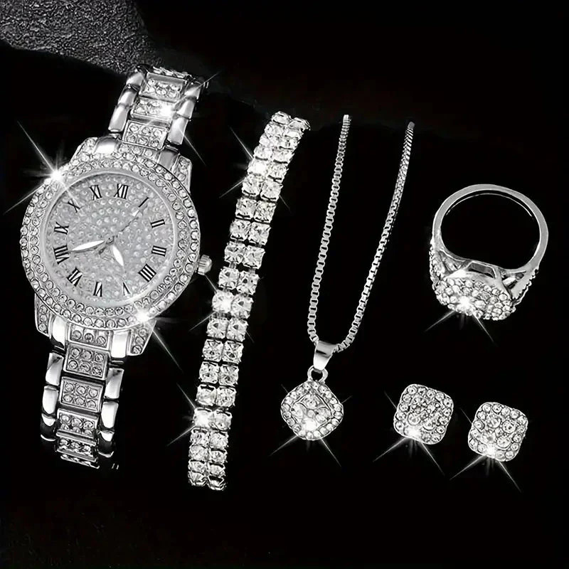 6-Pieces: Elegant Women's Jewelry Set with Quartz Roman Numerals Watch