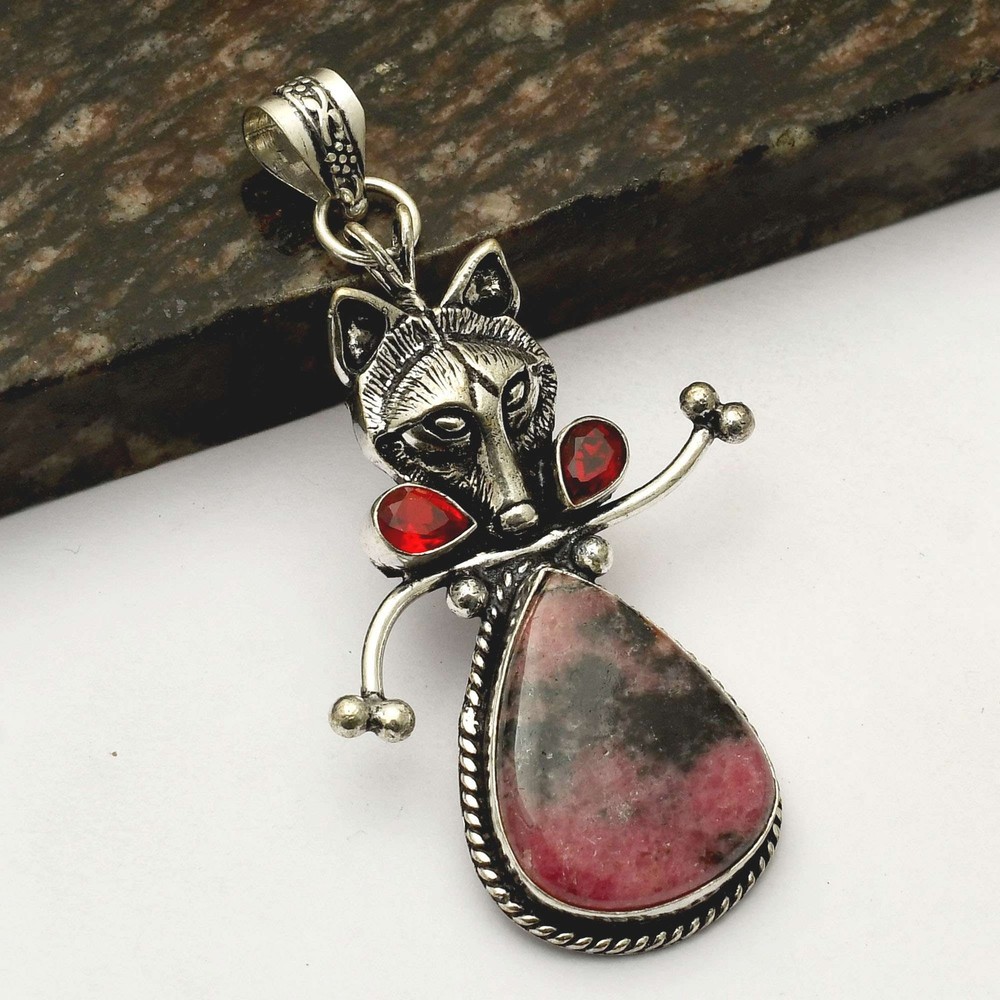 Rhodonite Garnet Gemstone Handmade Fox Pendant Necklace for Women 2.2 Inches AP-39730