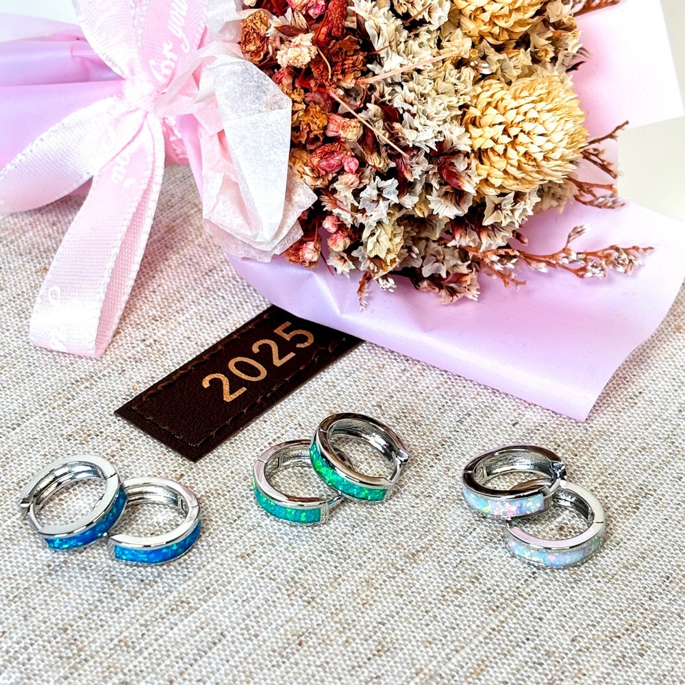 Opal Hoop Earrings – Sterling Silver- 18k Gold - Huggie Hoops with Opal Inlay