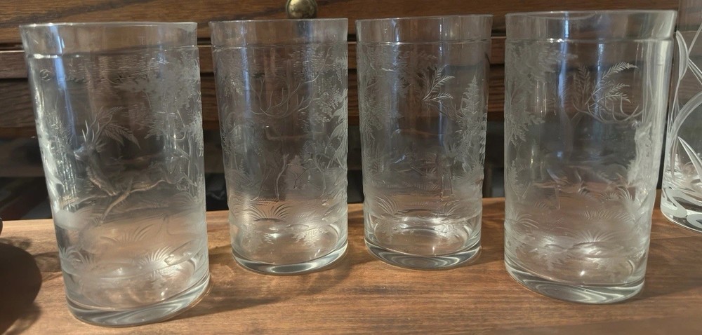 Set Of 4 Moser Czech Bohemian Cut & Etched Glass Tumblers Stag Roe Deer Forests
