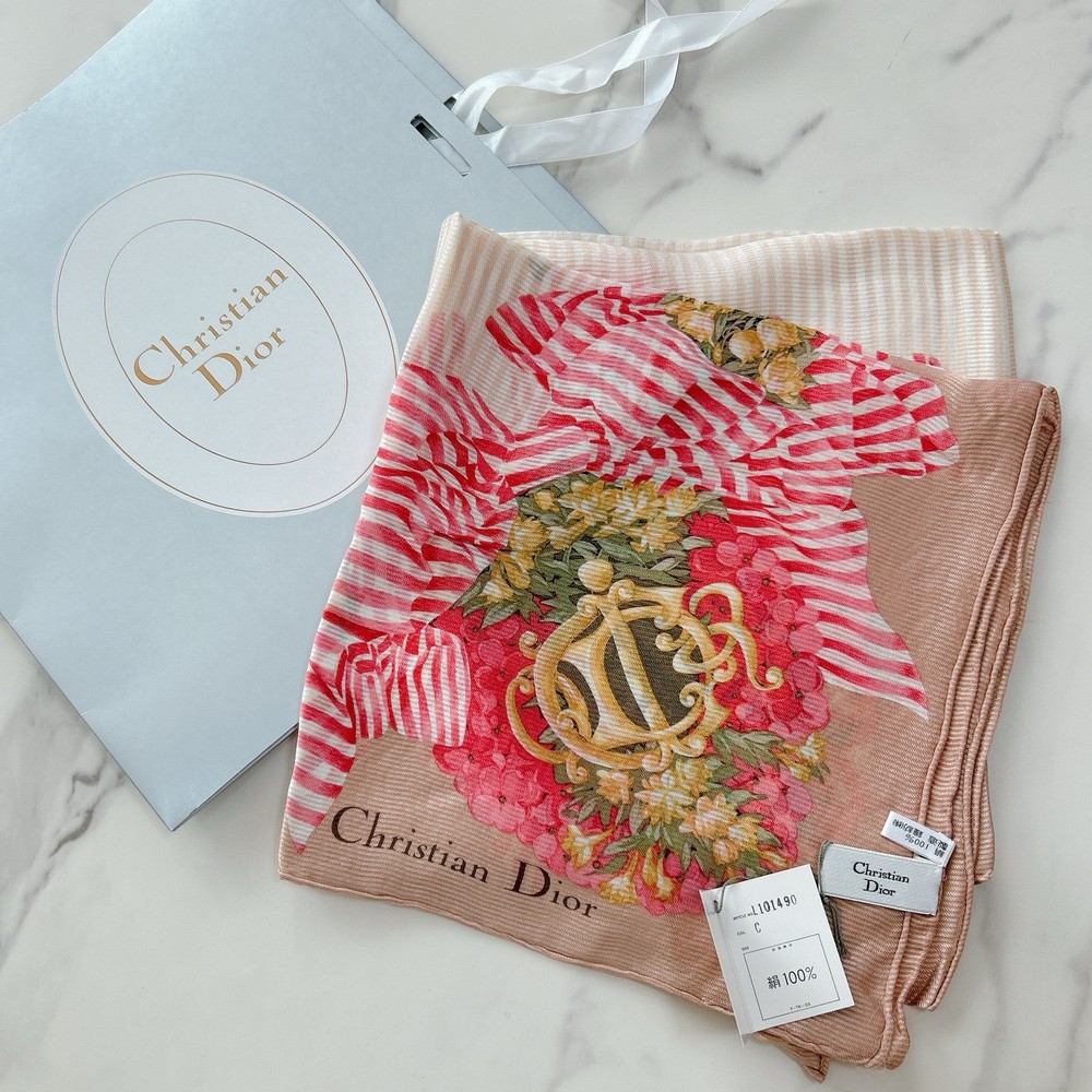 Dior Ribbon & Flower Print Scarf w/Box 100% Silk Square 35