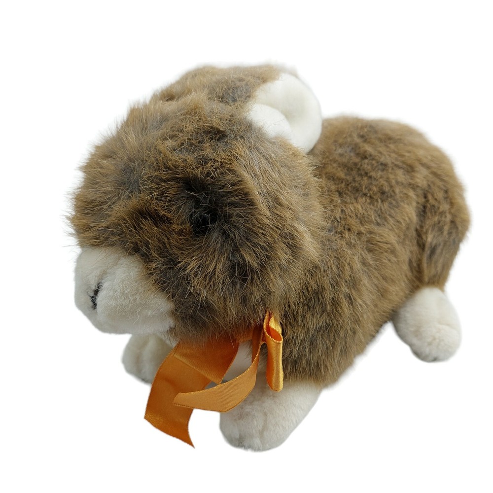 Realistic Easter Brown White Bunny Rabbit Stuffed Plush 11 inch Orange ribbon