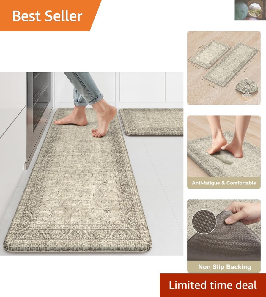 Vintage Brown Anti-Fatigue Kitchen Mat Set for Ergonomic Comfort and Safety
