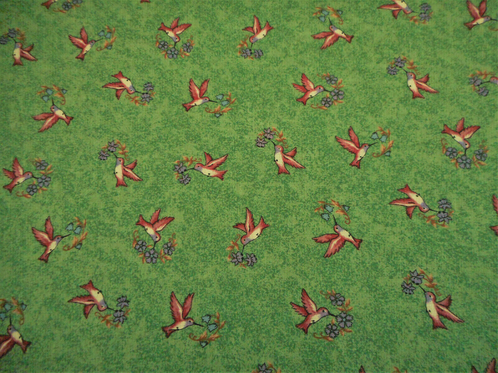 Cotton Fabric 1 1/4 Yard Hummingbirds Purple Blue Floral on Dk Green Vtg #C