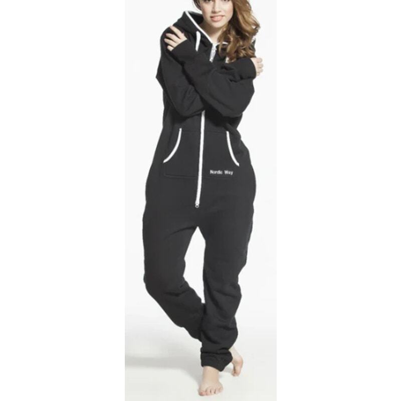 Nordic Way One Piece Jumpsuit Hood Full Zip Pajama Comfy Black Size XXS
