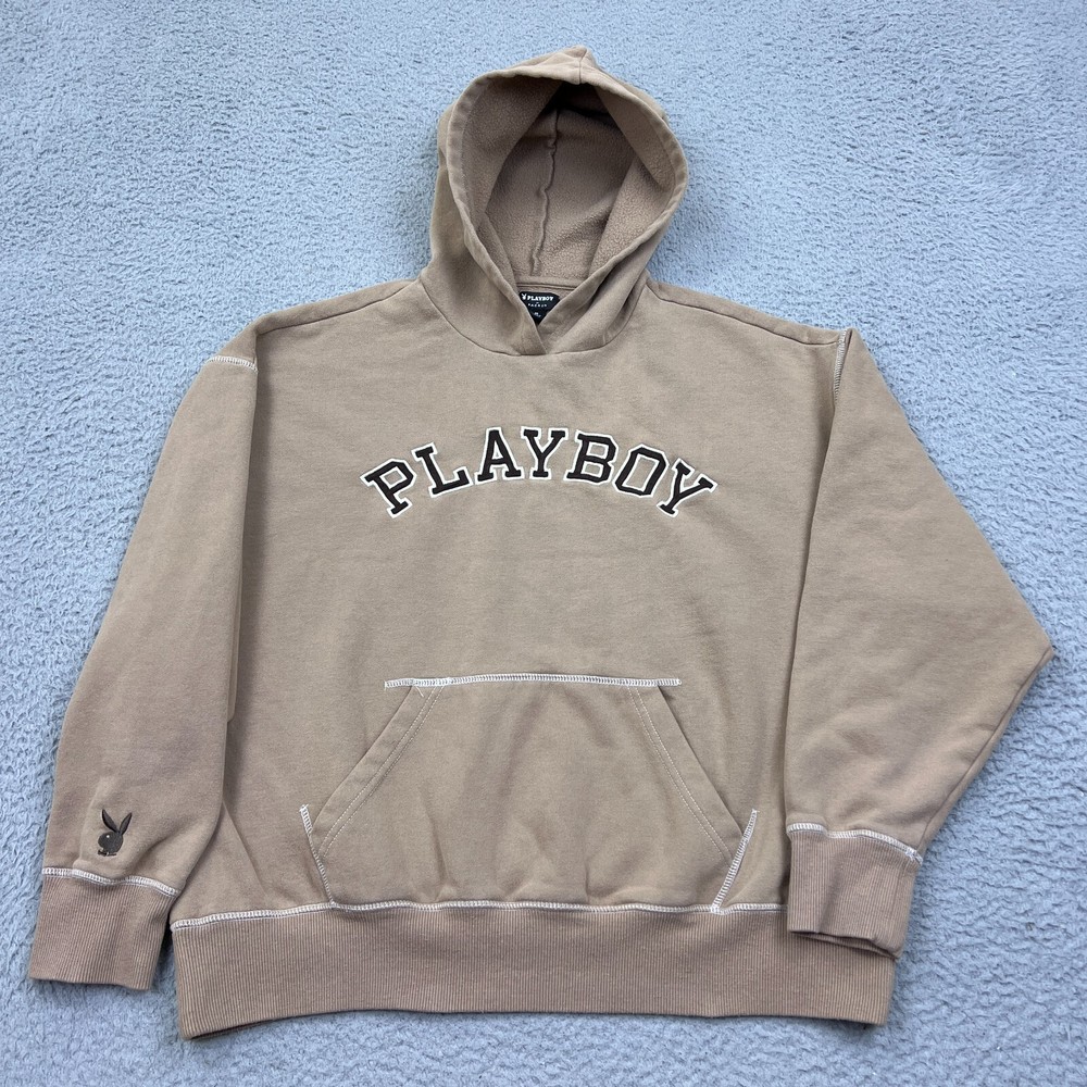 Playboy Pacsun Hoodie Sz M Brown Oversized Sweatshirt Embroidered Spellout Bunny