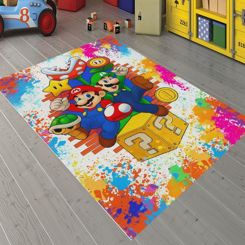 Colorful Mario Kids Rug for Playrooms Bold Cartoon Area Carpet