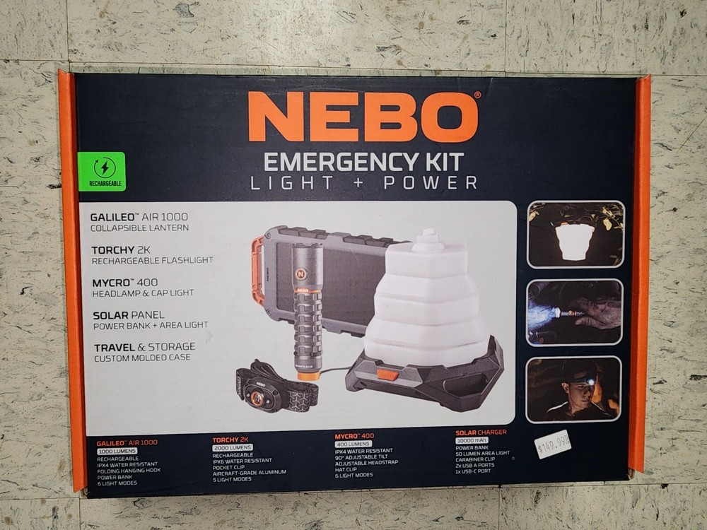 NEBO Emergency Kit Light+Power Flashlight/Headlamp/Lantern/Solar Battery Bank