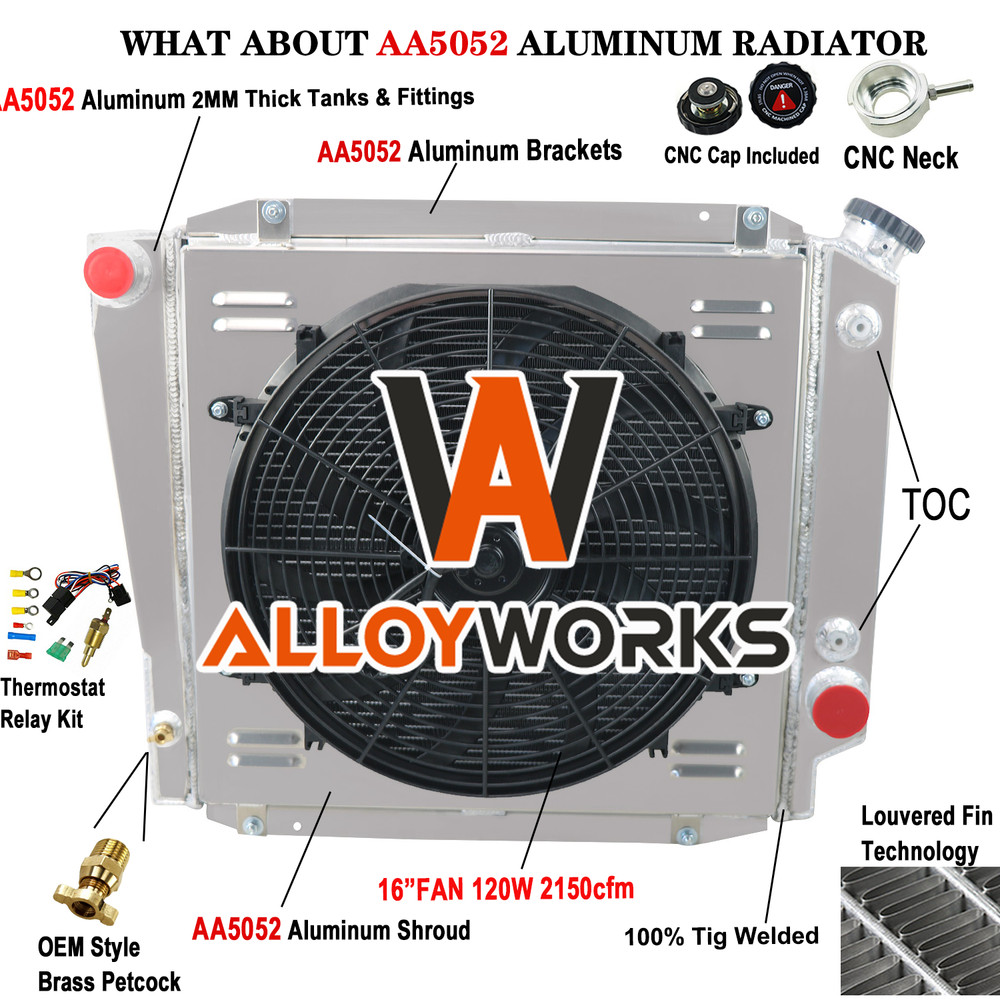 4 Row Aluminum Radiator Shroud Fan Relay For 1966-77 1970 Ford Early Bronco 5.0L