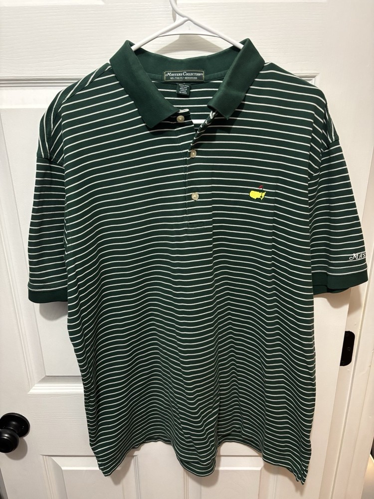 Masters Collection Men Polo Golf Shirt L Green White Stripe Pima Cotton