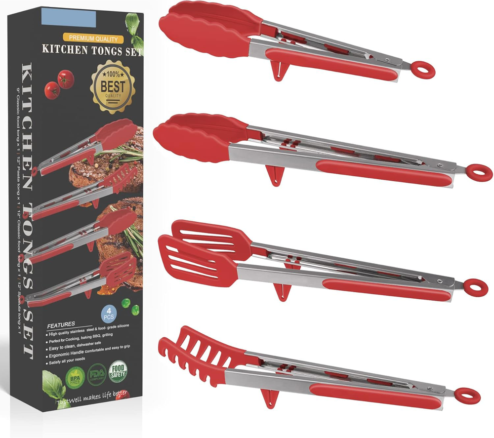 4in1 Stainless Steel Kitchen Food Tongs Set for Cooking with Silicone Tips, Pie