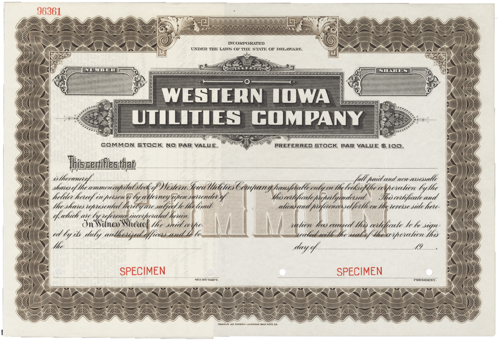 Western Iowa Utilities Company. Stock Certificate.