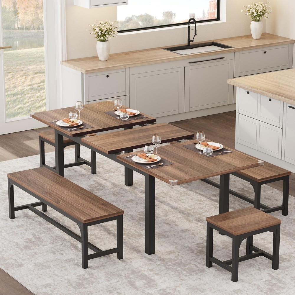 5-Piece Extendable Dining Set with Table, 2 Benches & Stools for Kitchen