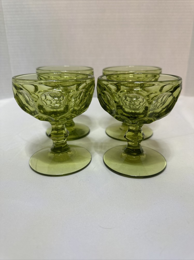 Vintage Set of 4 Imperial Glass Green Thumbprint Sherbet Dessert Glasses