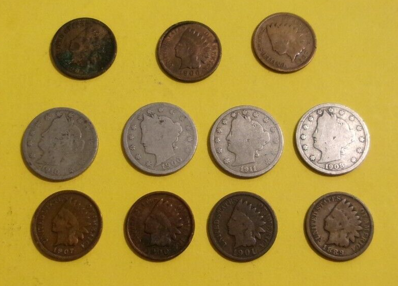 100+ YEAR OLD COINS 7 INDIAN HEAD PENNIES 4 LIBERTY V NICKELS SEE DATES BELOW