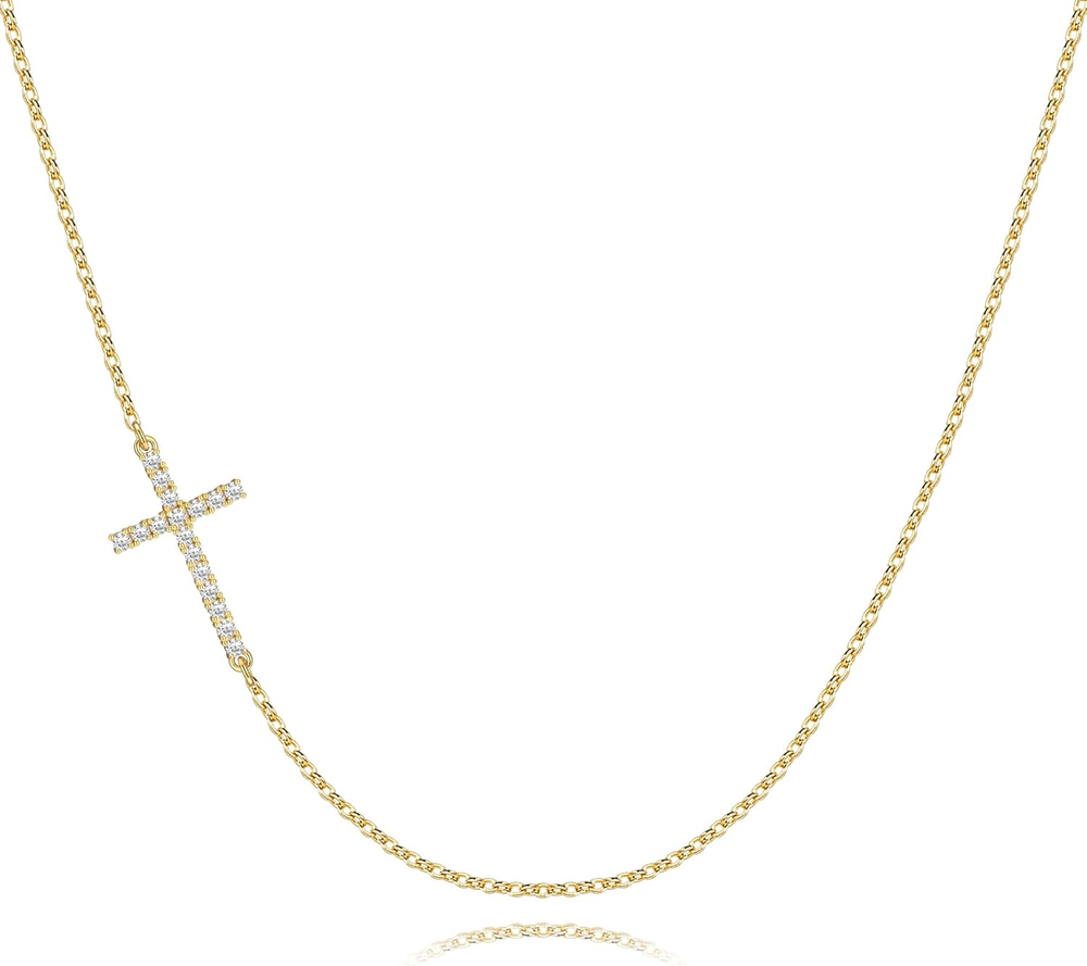 Cross Necklace for Women, Dainty 14K Gold Silver Plated Small Diamond Sideways C