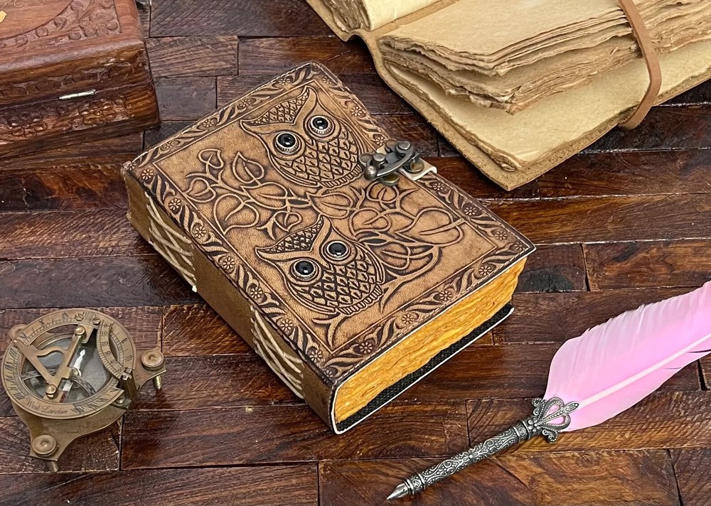 Handmade Owl Leather Journal – Book of Shadows & Grimoire Notebook  