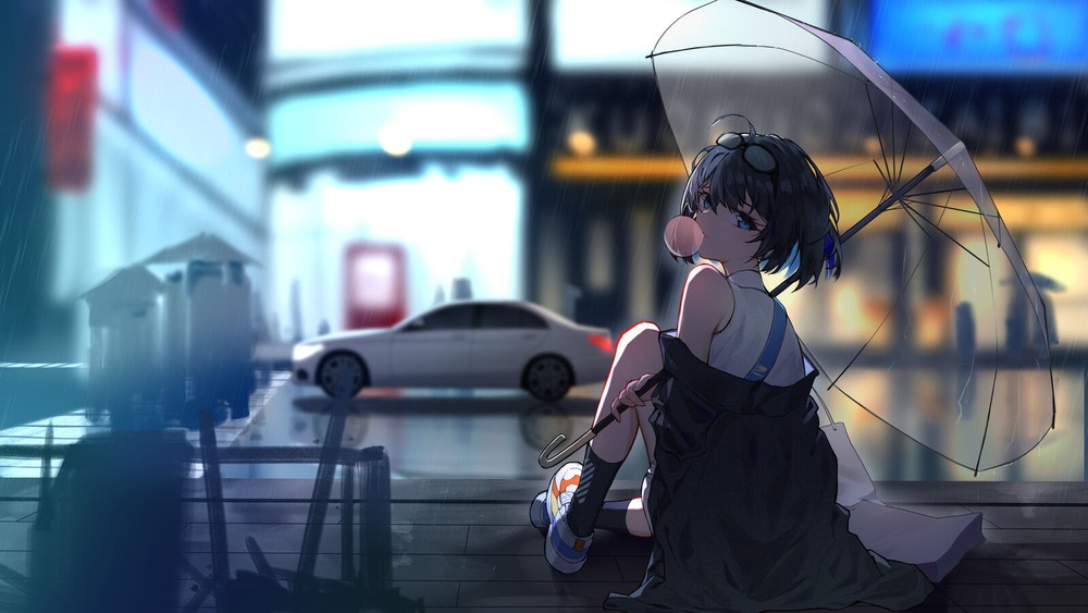 Anime Playmat Desk Mat with Rainy City Scene Short Hair Girl Umbrella Black Blue Eyes  