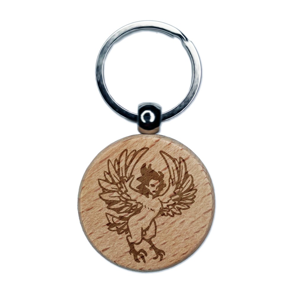 Harpy Greek Mythology Monster Engraved Wood Round Keychain Tag Charm
