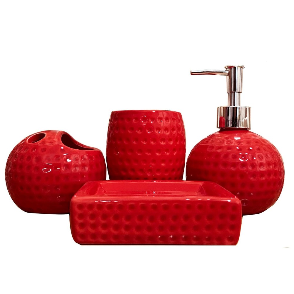 Red Ceramic 4-Piece Bathroom Accessory Set with Soap Dispenser and More