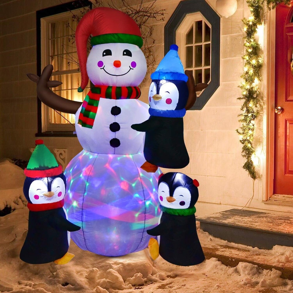 6Ft Lighted Christmas Inflatable Snowman with Three Cute Penguins,Building Color