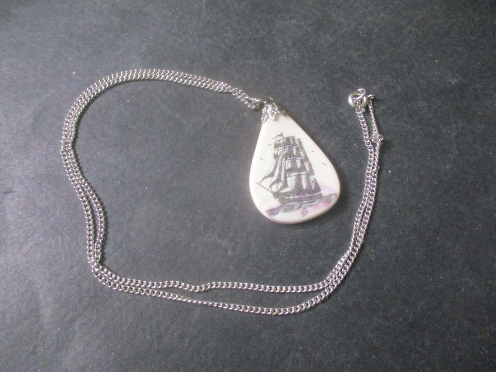 Vintage Scrimshaw Tall Ship Pendant Necklace on Sterling Silver Chain