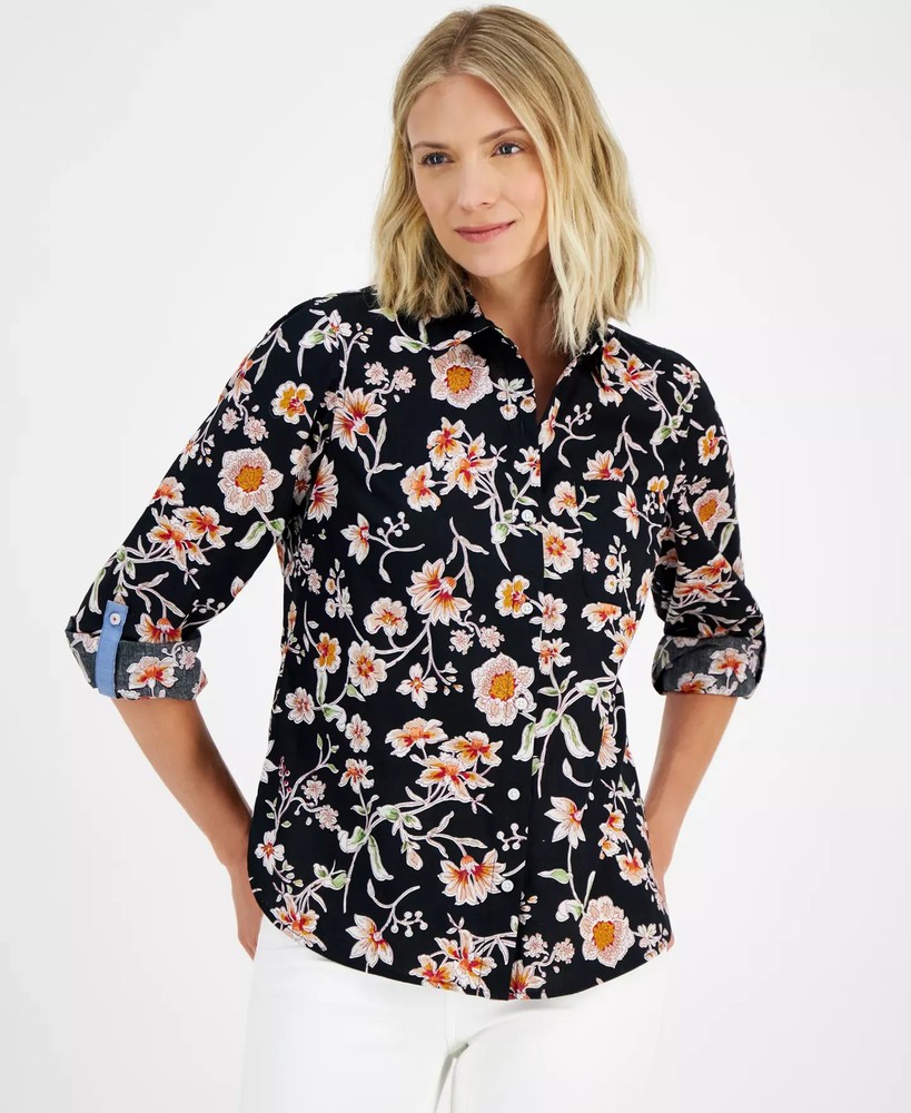 Nautica Jeans Women's Top Sz S Floral Print Cotton Button-Front