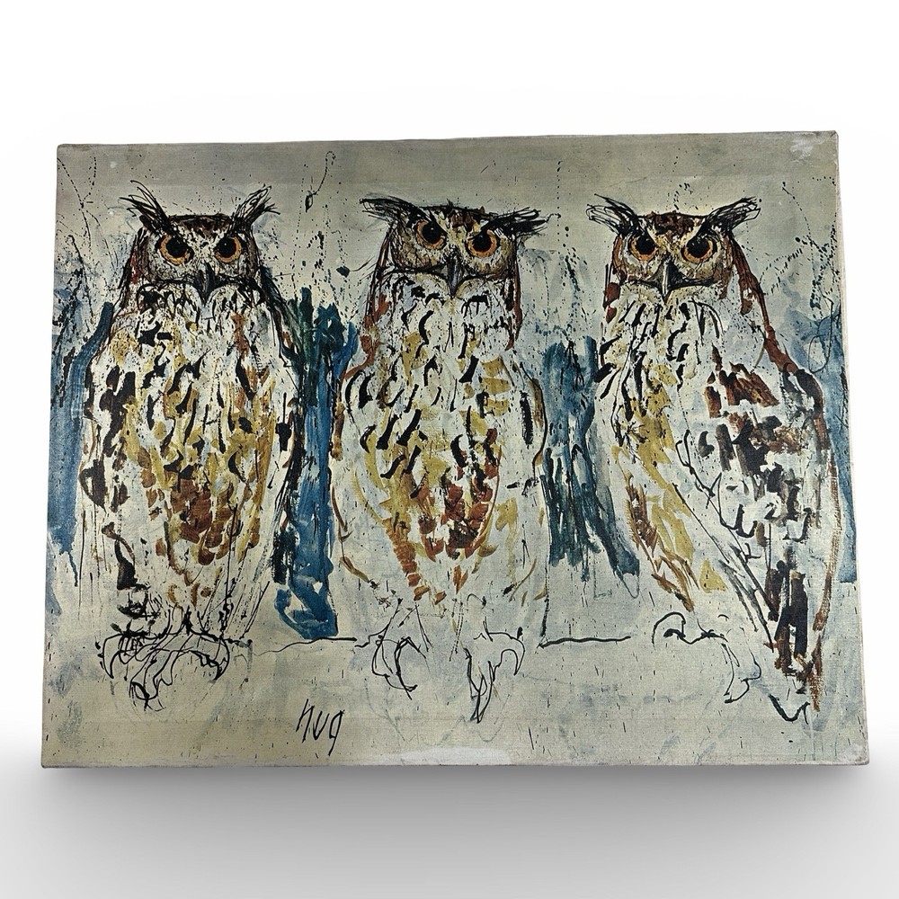 Fritz Hug Three Owls 1971 Vintage Hand-Embellished Canvas Art Lithograph 22x28