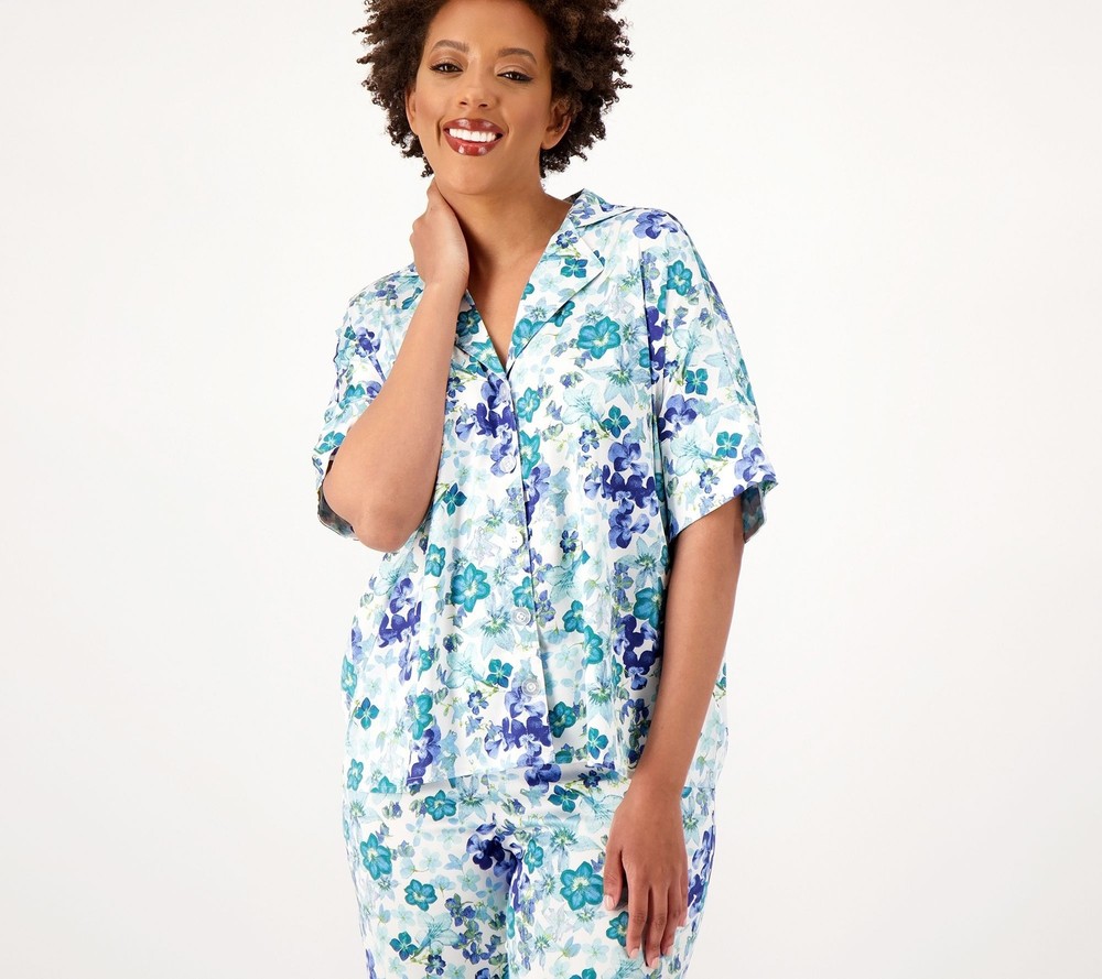 Breezies Women's Sleepwear Sz XL Lounge All Over Floral Button Blue A574425