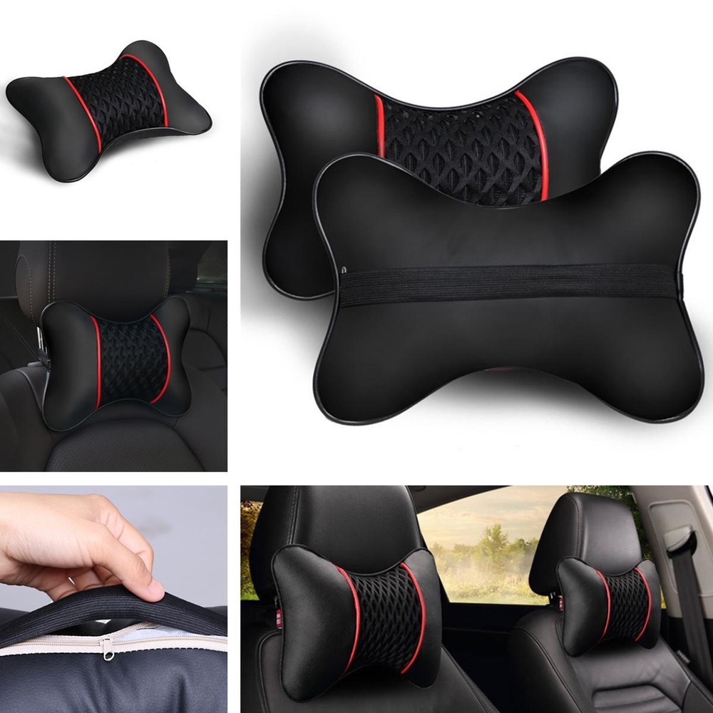 2Pcs Leather Travel Car Rest Cushion Seat Headrest Neck Pillow Comfortable Black