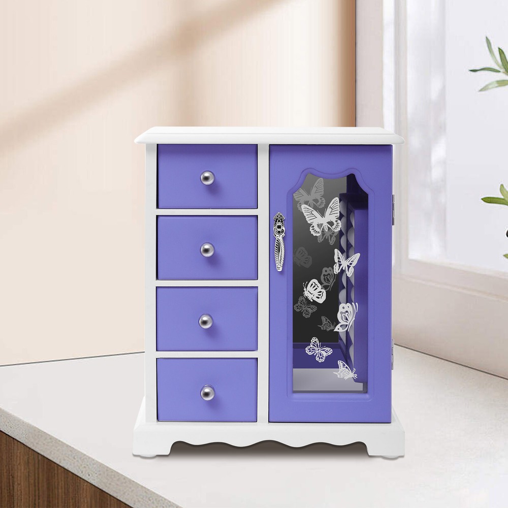 Double Door Built-in Mirror Purple Butterfly Jewelry Box Organizer + 4 Drawers