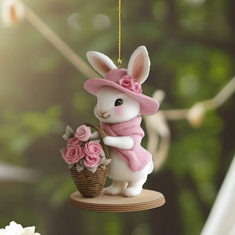 2025 Easter 2D Acrylic Cartoon Animal Tree Pendants – Cute Cow, Bunny & Egg Car