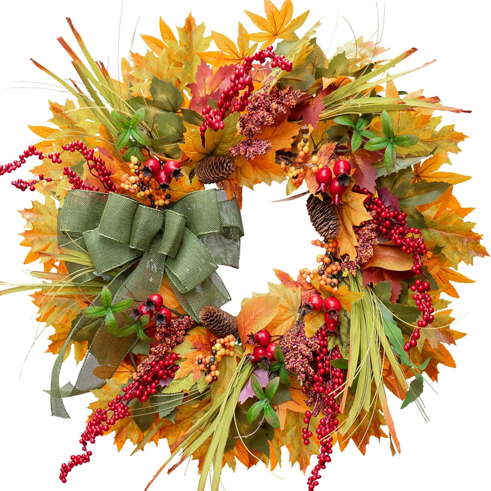 22 Inch Fall Wreath for Front Door – Artificial Silk Autumn Decor