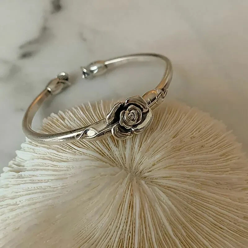 Vintage Flower Women Jewelry Bracelet Retro Rose 925 Sterling Silver Cuff Bangle