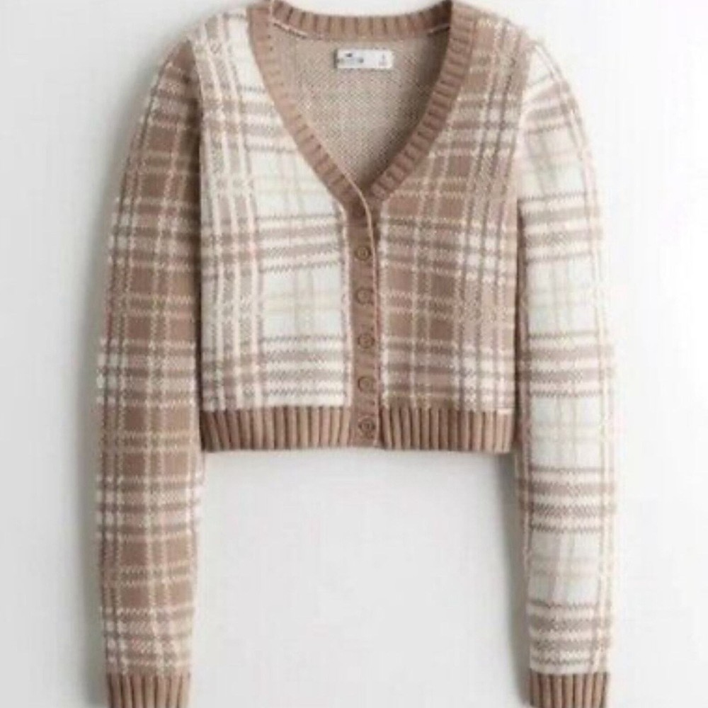 Hollister Brown Mixed Plaid Print Cropped Button Closure Cardigan Women’s Large