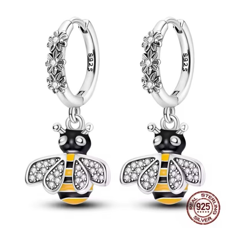 925 Sterling Silver Yellow Bee Floral Drop Earrings  