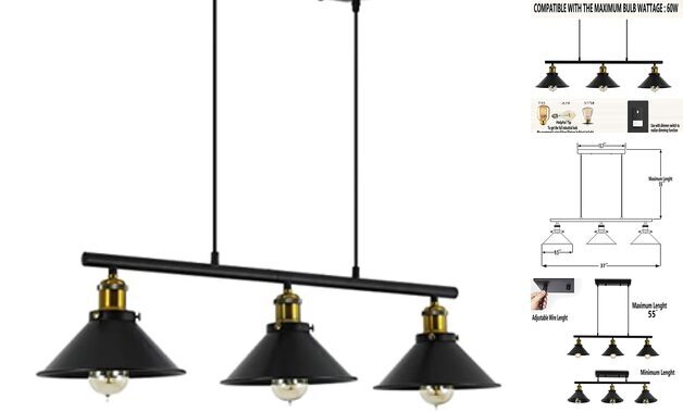 3-Light Kitchen Island Pendant Light Fixture, Farmhouse Linear Hanging