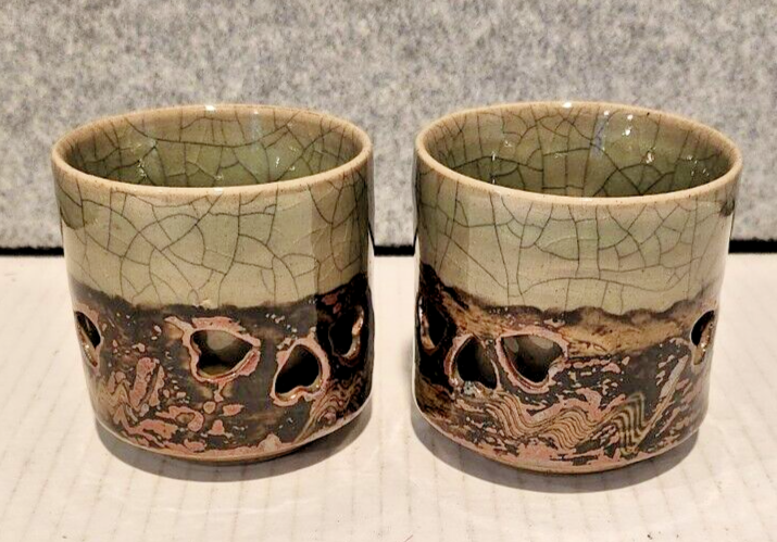 Somayaki Soma Ware 2 Double Walled Tea Cups Candle Holder Lotus Green Crackle