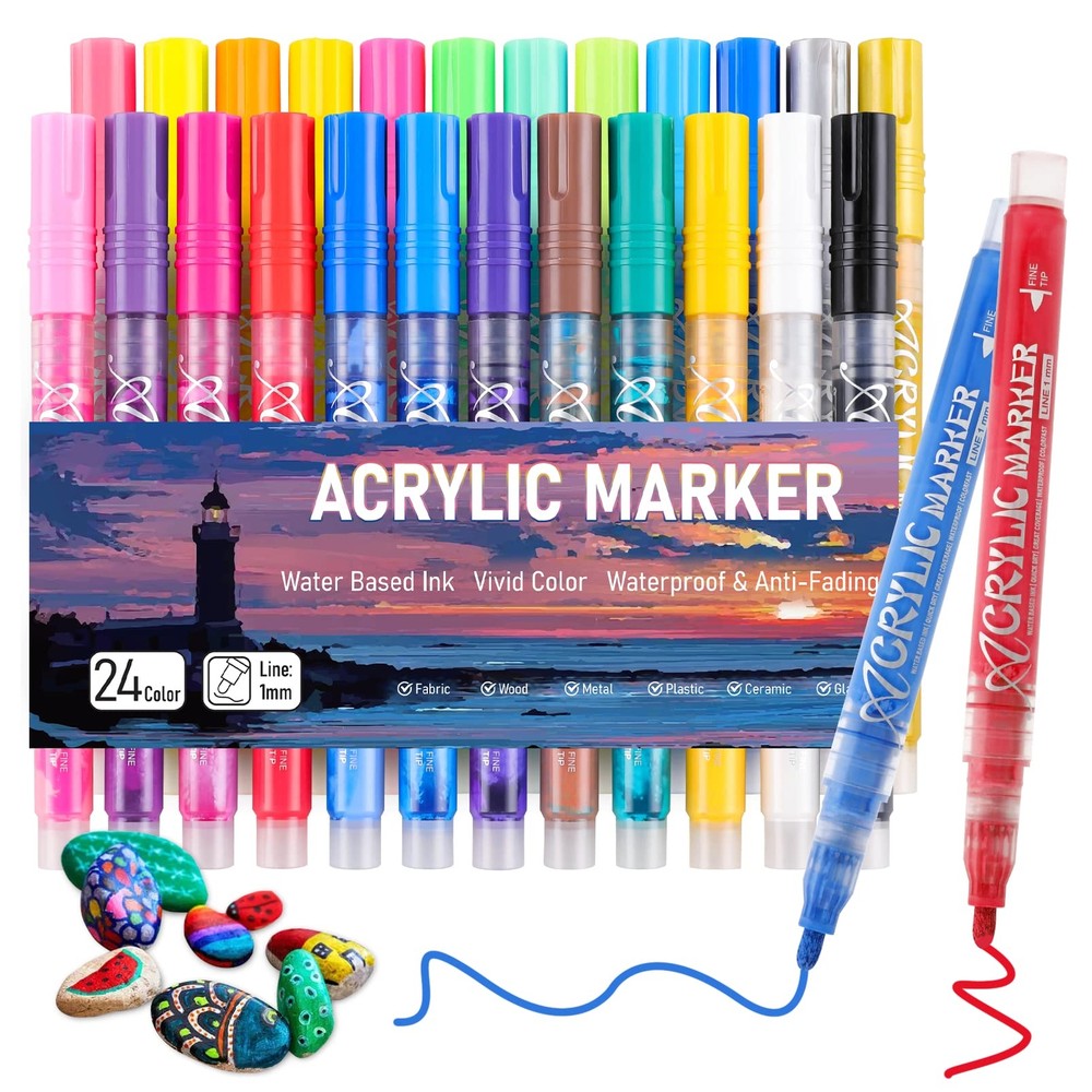 24 Colors Acrylic Paint Marker Pens Premium Extra Fine Point Tip Pens for Woo...