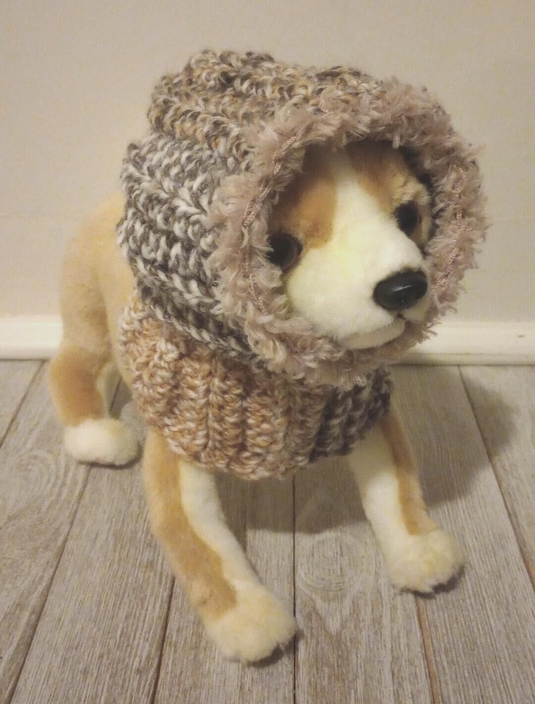 handmade crochet dog pet hood hat cat snood small medium breed crossword brown