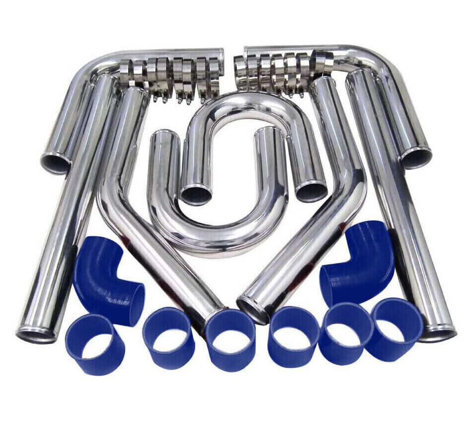 3-Inch DIY Polished Intercooler Piping Kit with Blue Silicone Couplers and Clamps