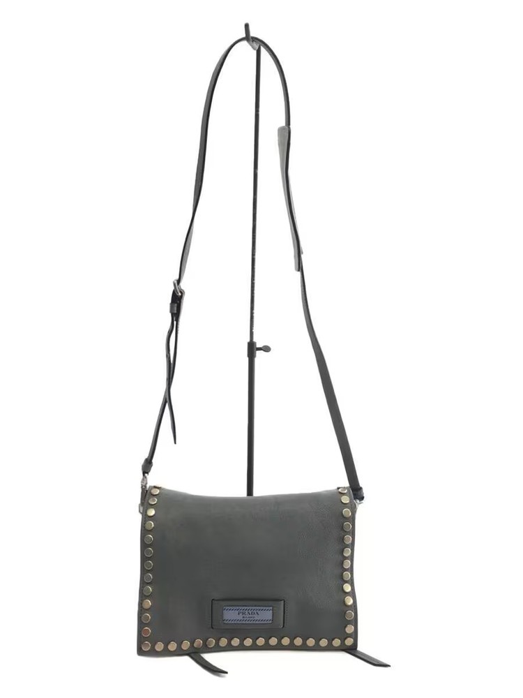 RARE PRADA Leather Shoulder Bag in Blue with Studs and Etiquette Detail