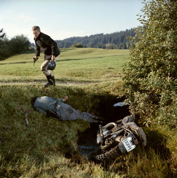 Steve McQueen ambushes a German soldier as he takes his gun motorb- Old Photo