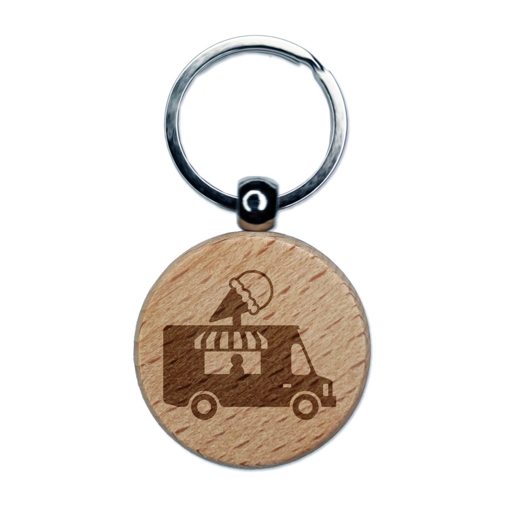Ice Cream Truck Engraved Wood Round Keychain Tag Charm