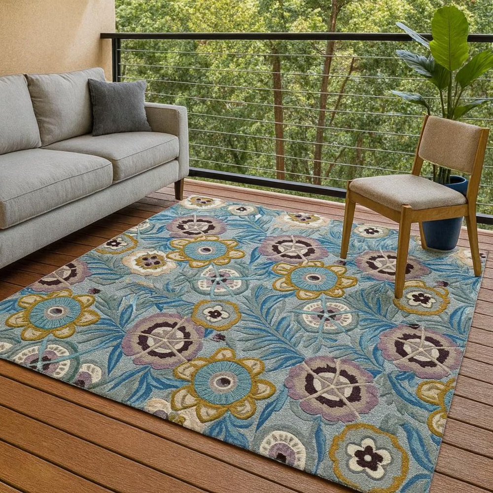 Hand-Tufted New Zealand Wool Floral Rug, Blue Botanical Carpet