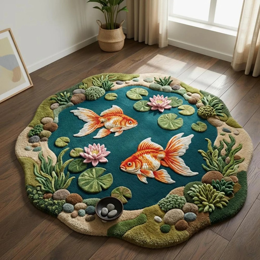 Pond Rug, Hand Tufted Wool Area Rug with Fish and Lily Design, Nature Inspired