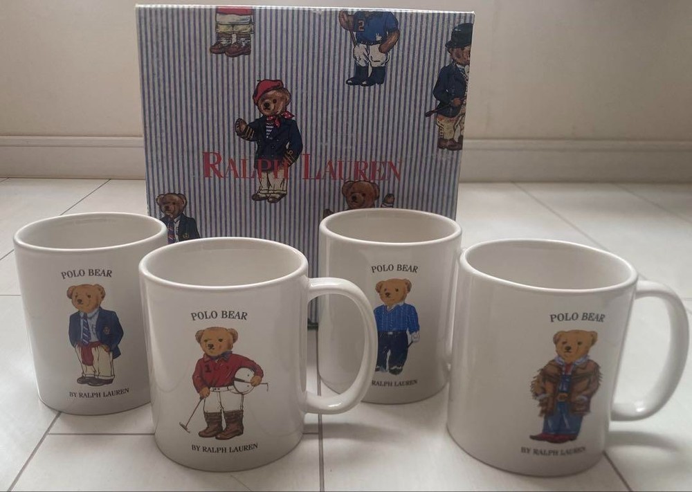 Polo Ralph Lauren Polo Bear Mug Set of 4 with Box Porcelain 1997 VTG gift MINT