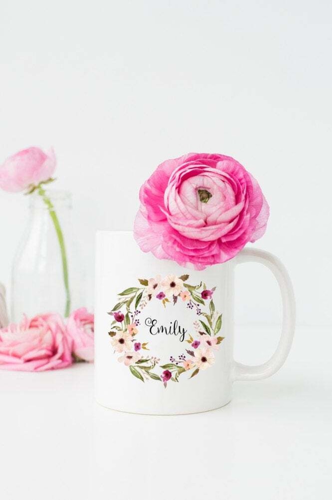 Personalized Name Mug Letter Monogram Mug Floral Wreath Mug Bridesmaid Gift